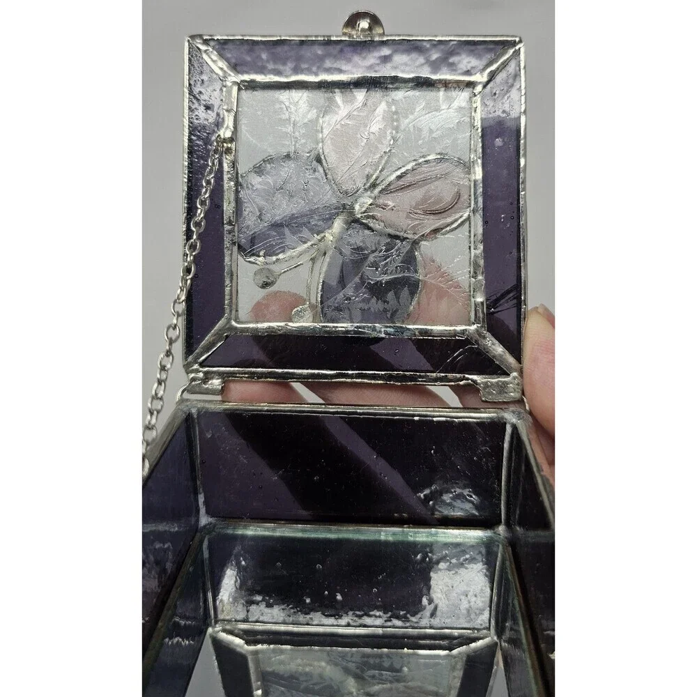 Butterfly Stained Glass Trinket Box Mirror Base Chain Hinged Lid Multicolor 3x3
